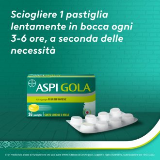Aspi Gola - Trattamento sintomatico del mal di gola - Gusto Limone e Miele - 16 Pastiglie