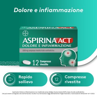 Aspirina Act Dolore e Infiammazione - Trattamento sintomatico di febbre e dolori - 12 Compresse 1000 mg