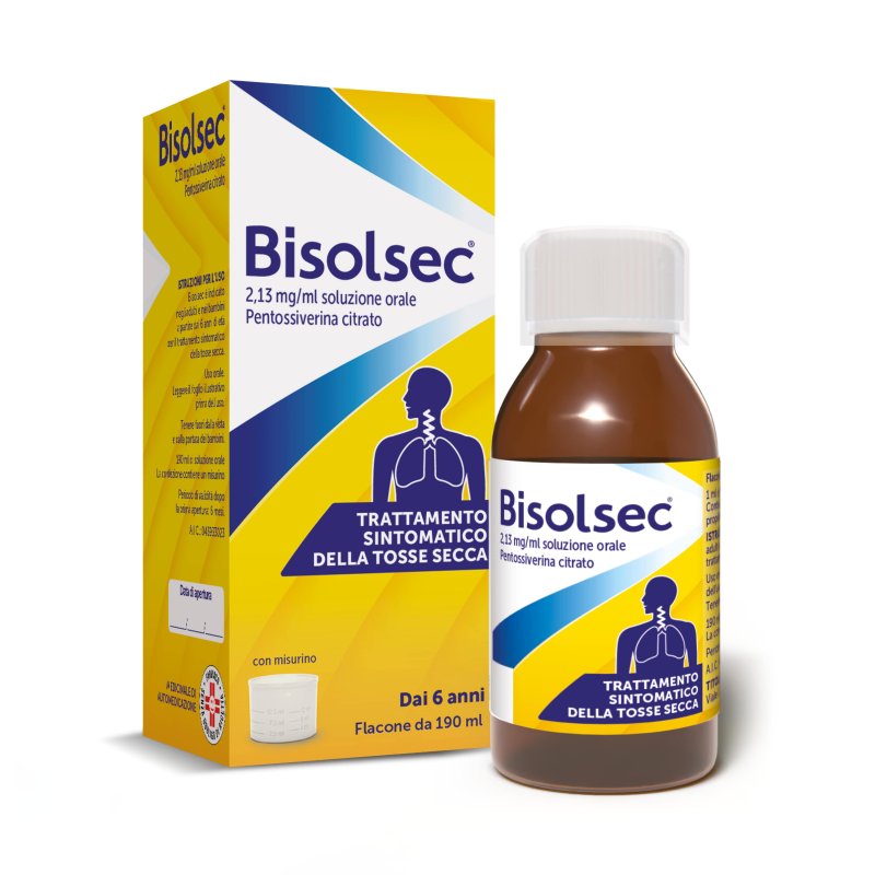 Bisolsec Sciroppo Tosse Sedativo per Tosse Secca, Azione Rapida, Adulti e Bambini 6+ - 190 ml Bisolsec Sciroppo Tosse Sedativo per Tosse Secca, Azione Rapida, Adulti e Bambini 6+ - 190 ml