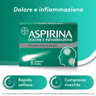 Aspirina Dolore e Infiammazione - Trattamento sintomatico di febbre e dolori - 8 Compresse 500 mg