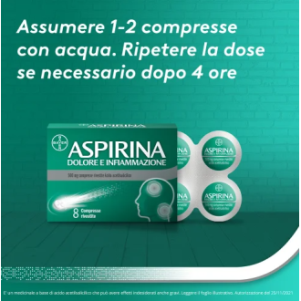 Aspirina Dolore e Infiammazione - Trattamento sintomatico di febbre e dolori - 8 Compresse 500 mg