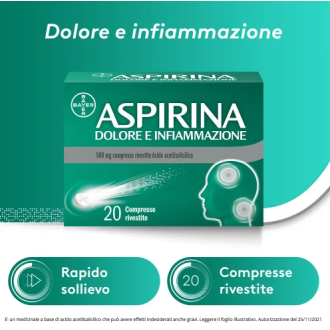 Aspirina Dolore e Infiammazione - Trattamento sintomatico di febbre e dolori - 20 Compresse 500 mg