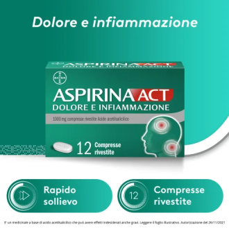 Aspirina Act Dolore e Infiammazione - Trattamento sintomatico di febbre e dolori - 12 Compresse 1000 mg