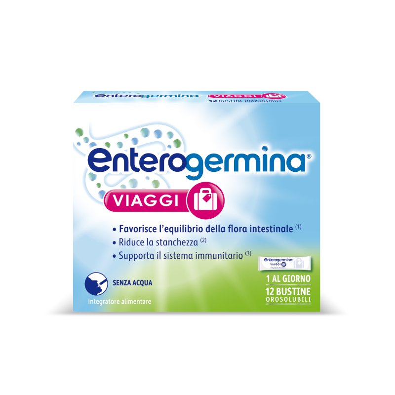 Enterogermina Viaggi - Integratore per l'equilibrio della flora batterica intestinale - 12 bustine orosolubili Enterogermina Viaggi - Integratore per l'equilibrio della flora batterica intestinale - 12 bustine orosolubili
