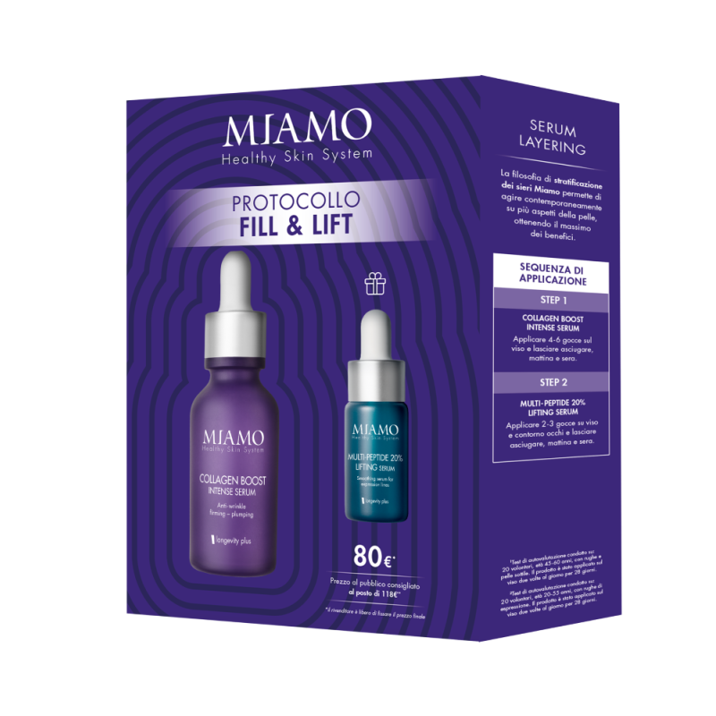 Miamo Protocollo Fill & Lift - Collagen Boost Intense Serum 30 ml + Multi-Peptide 20% Lifting Serum 10 ml - Edizione limitata 2025 Miamo Protocollo Fill & Lift - Collagen Boost Intense Serum 30 ml + Multi-Peptide 20% Lifting Serum 10 ml - Edizione limitata 2025