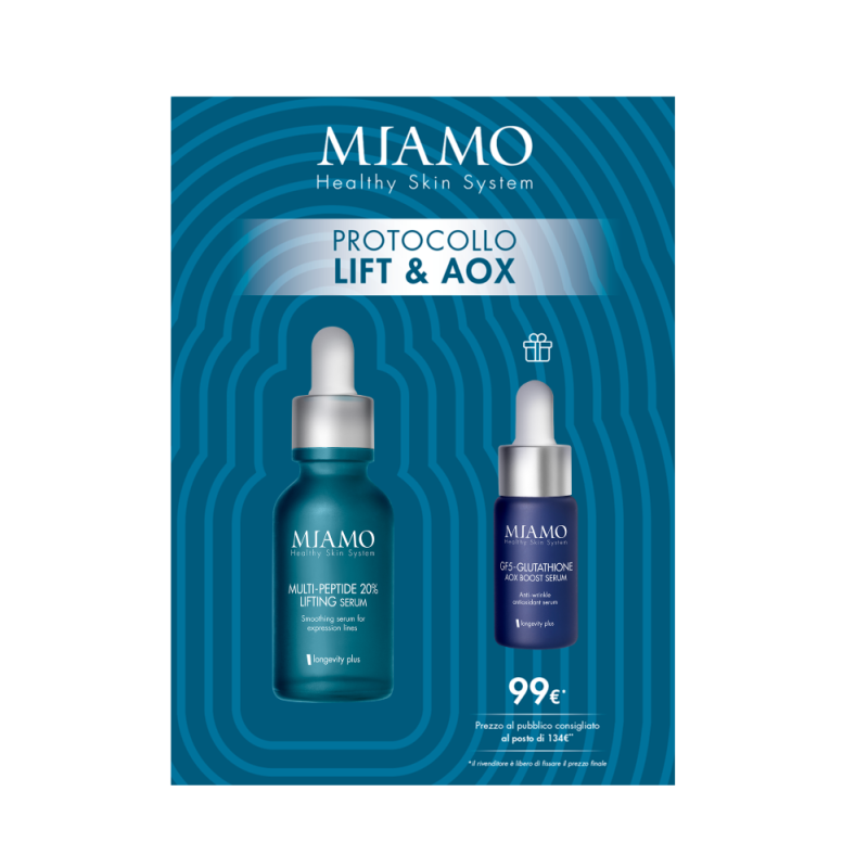 Miamo Protocollo Lift & Aox - Multi-Peptide 20% Lifting Serum 30 ml + GF5 Glutatione Aox boost serum 10 ml - Edizione limitata 2025 Miamo Protocollo Lift & Aox - Multi-Peptide 20% Lifting Serum 30 ml + GF5 Glutatione Aox boost serum 10 ml - Edizione limitata 2025