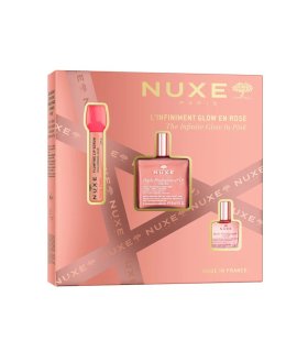 Nuxe Cofanetto di Natale 2025 Luminosità infinita in rosa - Olio Prodigioso Oro Floreale + Olio Prodigioso Floreale + Siero labbra rimpolpante