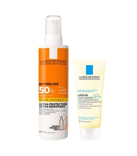 Anthelios Spray Solare Invisibile SPF50+ + Lipikar AP+ Olio Lavante - Protezione solare molto alta 200 ml + olio detergente anti arrossamento 100 ml