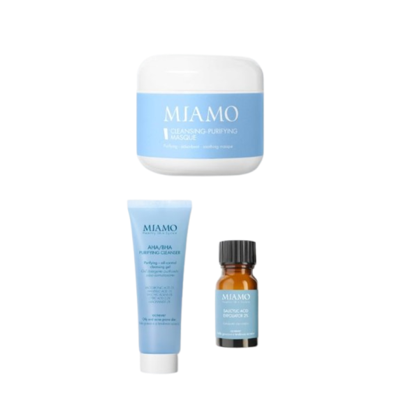Miamo Cofanetto 2025 Protocollo Punti Neri - AHA\BHA purifying cleanser + Salicylic acid exfoliator 2% + Cleansing Purifying Masque Miamo Cofanetto 2025 Protocollo Punti Neri - AHA\BHA purifying cleanser + Salicylic acid exfoliator 2% + Cleansing Purifying Masque