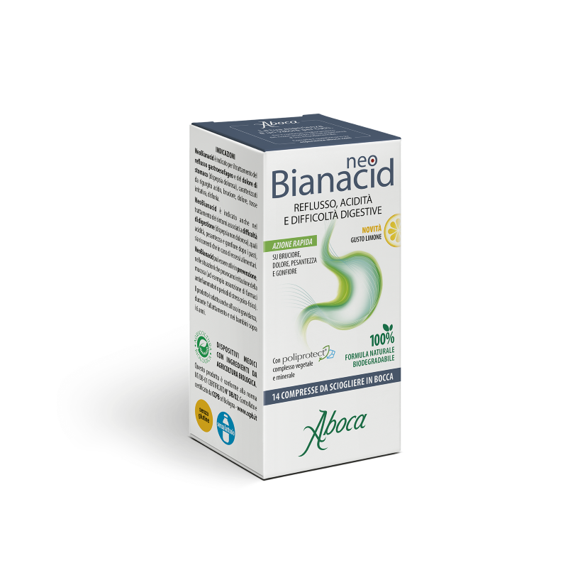 Aboca Spa Societa' Agricola Neobianacid - Rimedio Per I Sintomi Da Reflusso Gastrico - Gusto Limone - 14 Compresse