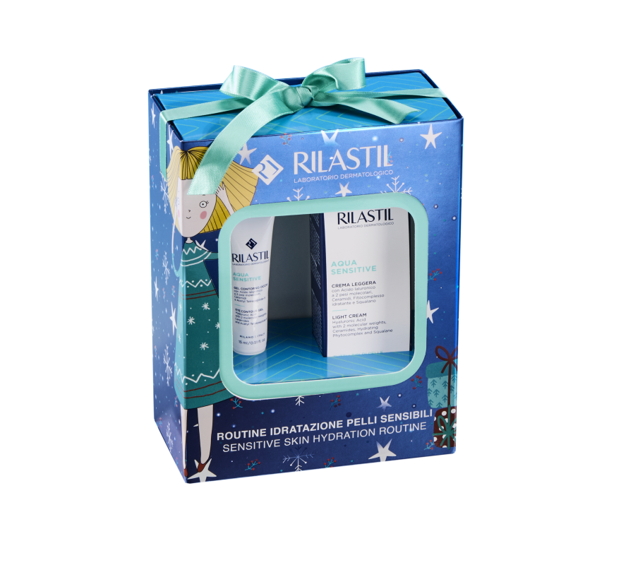 Rilastil Cofanetto di Natale 2023 Idratazione - Aqua gel contorno occhi 15 ml + Aqua Sensitive Crema Leggera 40 ml